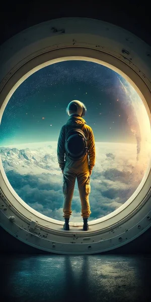 A man in a space suit looking out of a window at the sky and clouds space a matte painting space art