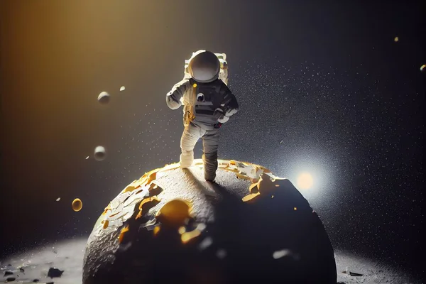 An astronaut standing on a rock in space with a flashlight in his hand and a lot of bubbles around him redshift render an ambient occlusion render space art