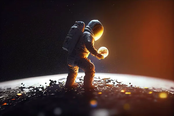 An astronaut walking on a rocky surface in space with a glowing orb in the background redshift render an ambient occlusion render space art