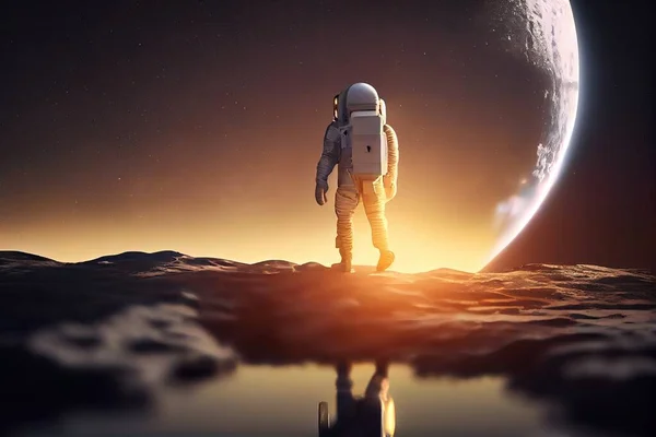 A man in a space suit standing on a surface with a moon in the background redshift render a detailed matte painting space art