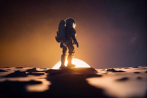 A man in a space suit standing on a moon covered surface with a flashlight in his hand redshift render an ambient occlusion render space art