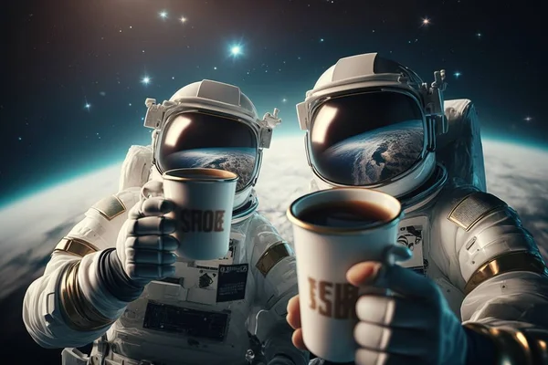 Two astronauts holding coffee cups in front of a planet with stars in the background redshift render a stock photo space art