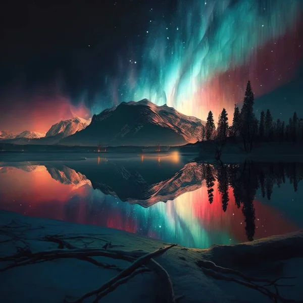 A beautiful aurora bore over a lake with mountains in the background and a bright aurora light mystical colors a matte painting space art