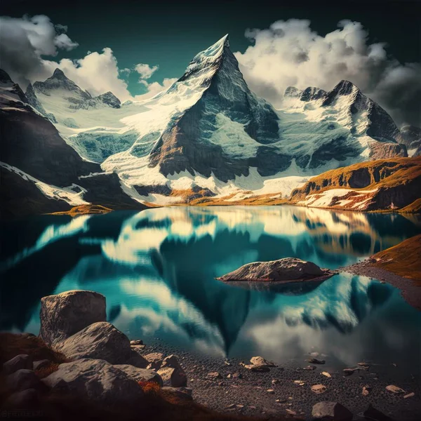 A mountain range with a lake in the foreground and a cloudy sky above it cinematic matte painting a detailed matte painting precisionism