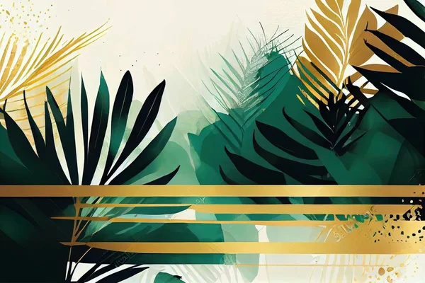 A painting of tropical leaves with gold stripes on a white background with a gold stripe jungle an art deco painting art deco