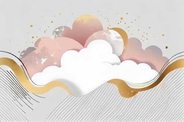 A white cloud with gold trim and a pink and white background with a gold border colorful flat surreal design an ambient occlusion render pop surrealism