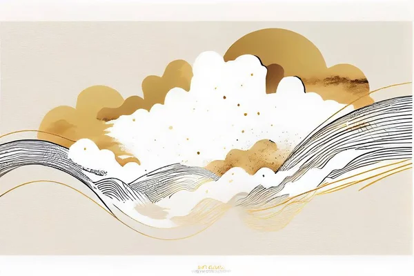 A painting of a cloud and a wave in the sky with a gold and white background abstract brush strokes an abstract painting modern european ink painting