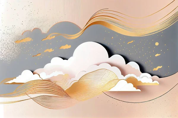 A painting of clouds and stars in the sky with gold foil on them and a pink background colorful flat surreal design an airbrush painting generative art