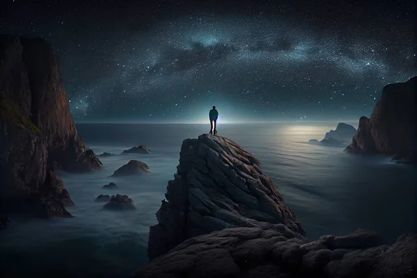 A person standing on a cliff looking at the stars above the ocean and the ocean sense of awe a matte painting space art
