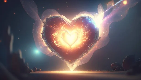 A heart shaped object with wings and a light in the middle of it surrounded by other objects rendered in unreal 5 a 3d render video art