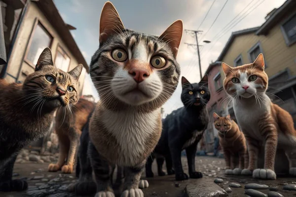 A group of cats standing on a street next to a building and a car with a sky background award - winning photo an album cover art photography
