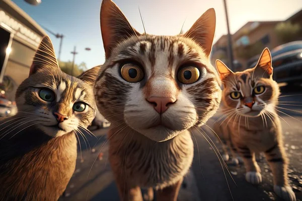 A group of cats standing on the side of a road next to each other on a sunny day cgstudio a screenshot photorealism