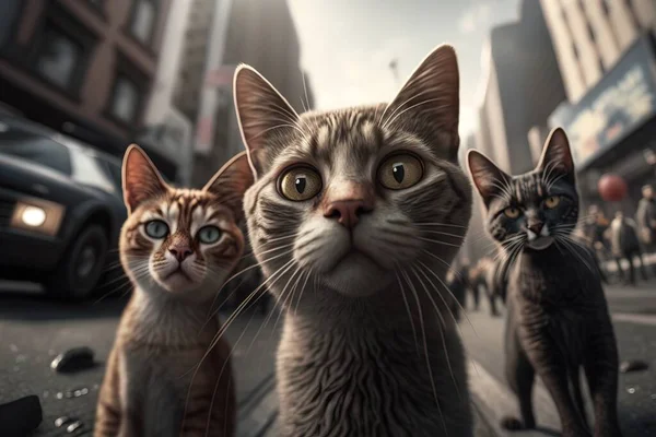 A group of cats standing on the side of a road next to a car and a building ultra realistic digital art a photorealistic painting photorealism