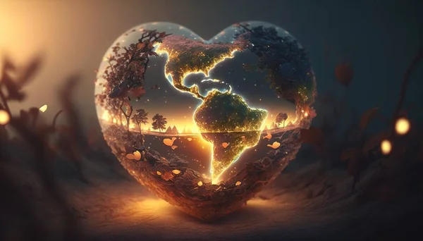 A heart shaped earth with a map of the world inside it surrounded by lights cinematic matte painting a 3d render environmental art