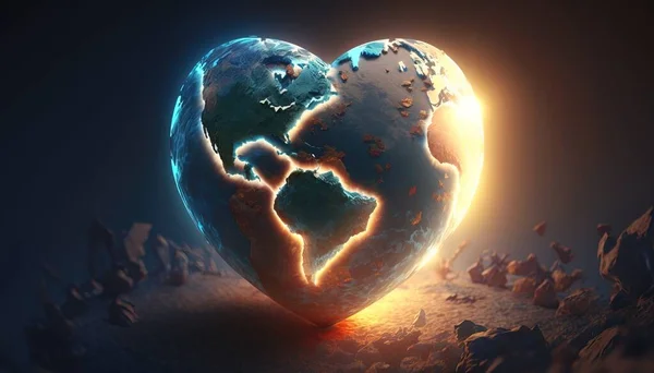A heart shaped earth with a glowing light coming out of it\'s center and a dark background global illumination a 3d render environmental art
