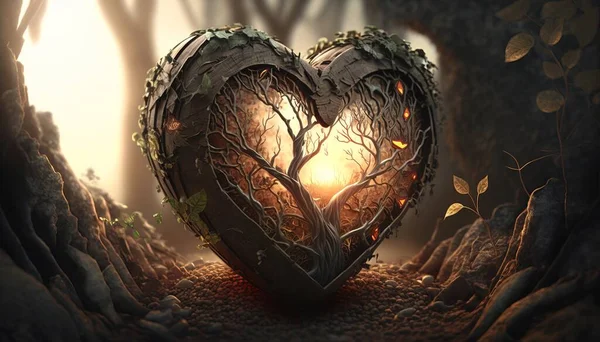 A heart shaped tree with a light shining through it in a forest setting with leaves and branches fantasy digital art a 3d render fantasy art