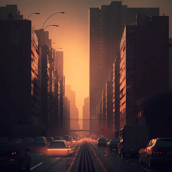 A city street with cars and buildings at sunset time with a train track running through the middle of the street volumetric lighting a matte painting american scene painting