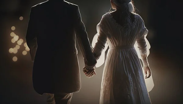 A man and a woman holding hands in a dark room with lights on the wall anamorphic lens flare an ambient occlusion render photorealism