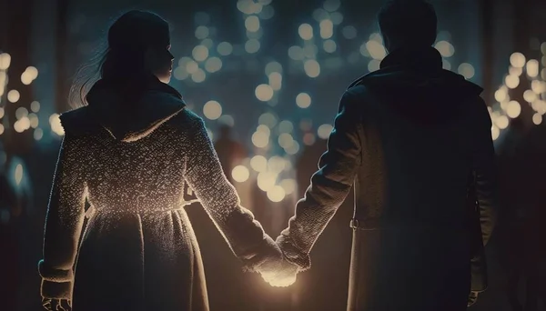 A couple holding hands in front of a cityscape at night with lights in the background sparks an ambient occlusion render neo-romanticism