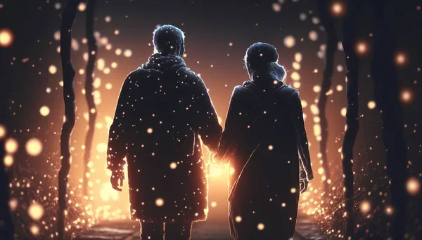 Two people standing in the snow at night with a bright light shining through the trees sparks a storybook illustration neo-romanticism