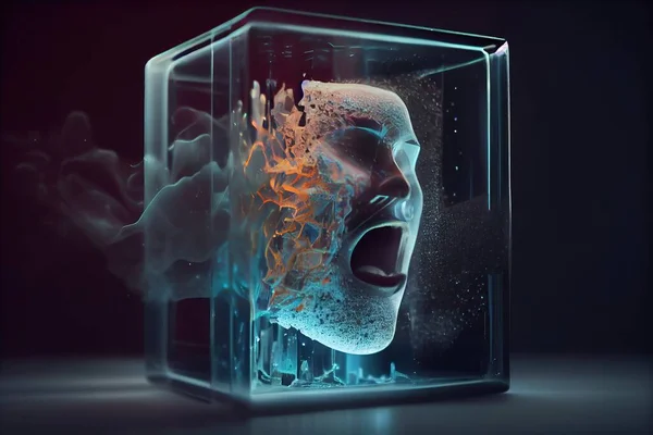 A glass block with a face inside of it and a fire coming out of it 3 d render a 3d render analytical art