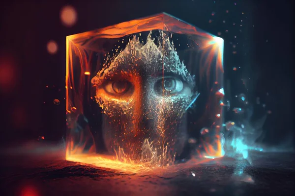 A digital painting of a man\'s face in a cube with fire and water cinema 4 d a 3d render holography