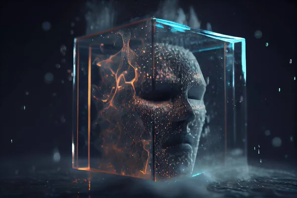 A cube with a skull inside of it on a dark background with smoke and bubbles redshift render a 3d render holography