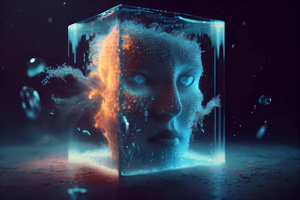 A man\'s face is surrounded by bubbles and fire in a cube shaped box 3 d render a 3d render holography