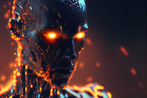 A man with glowing eyes and a futuristic suit with glowing orange eyes and a black background cybernetic a 3d render computer art