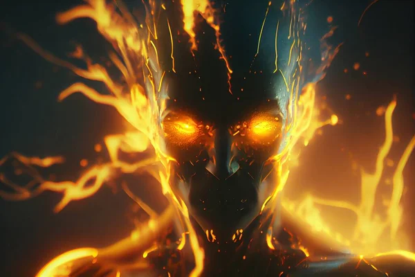 A man with glowing eyes and a fire face in front of a black background with yellow and red flames vfx concept art nuclear art