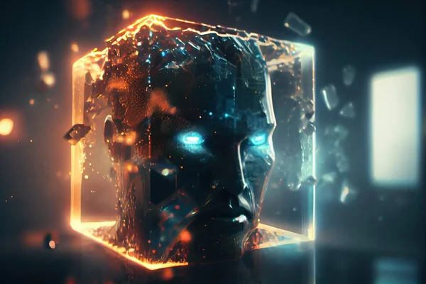 A robot head with glowing eyes and a glowing face in a glass box with a window redshift render a 3d render computer art
