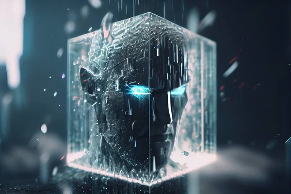 A robot in a cube with a glowing face and a glowing eye in the center cybernetic cyberpunk art computer art