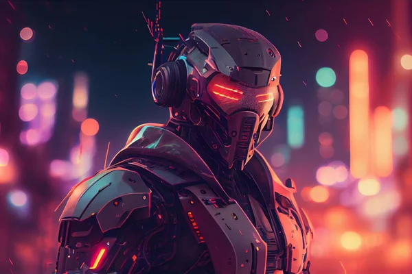 A futuristic man with headphones and a futuristic suit in a city at night with lights cyberpunk style cyberpunk art retrofuturism