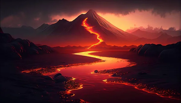 A painting of a mountain with a river running through it at sunset or sunrise or sunset lava a detailed matte painting fantasy art