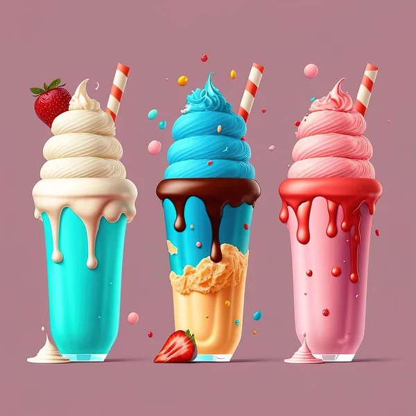 Three ice cream sundaes with strawberries and chocolate on top of them with sprinkles and a strawberry highly detailed digital painting computer graphics aestheticism