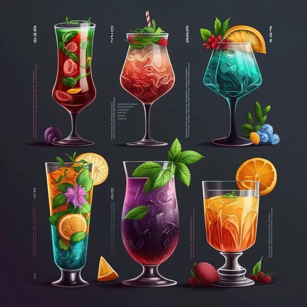 A set of different types of drinks with different flavors and flavors on a dark background colorful flat surreal design computer graphics computer art