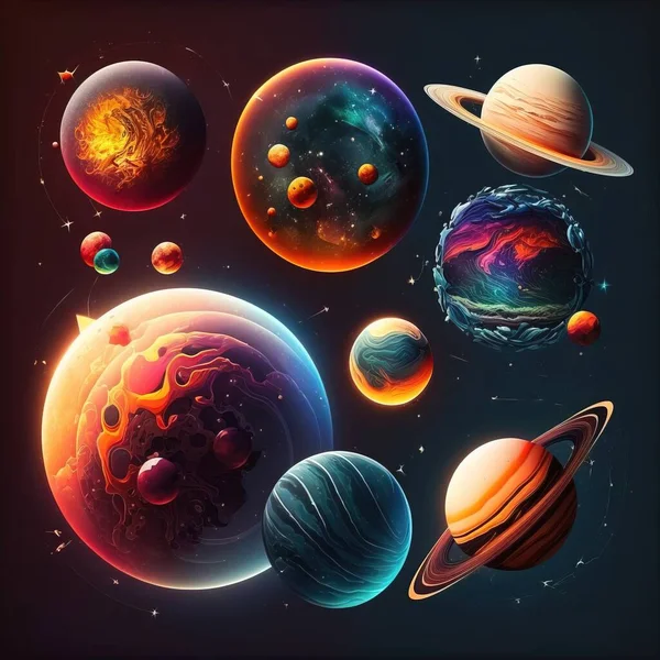 A group of planets with the sun in the background and stars in the sky above planets a detailed painting space art