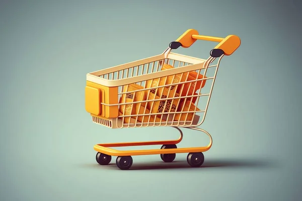 A shopping cart filled with oranges on a blue background with a shadow of a shopping cart product photography a digital rendering les automatistes
