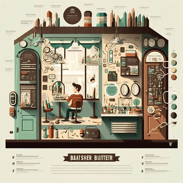 A poster of a barber shop with a man sitting in the barber chair and a woman standing detailed illustration computer graphics arts and crafts movement