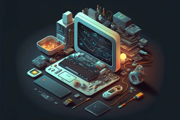 A computer with a lot of electronics around it and a laptop on top of it cinema 4 d computer graphics computer art