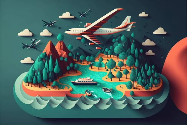 A paper cut of a plane flying over a lake and mountains with a boat in the water colorful flat surreal design a storybook illustration environmental art