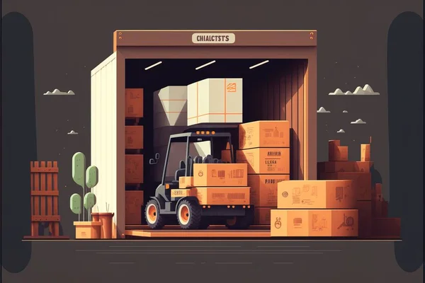 A forklift is loading boxes into a storage shed with cactus in the background and a cactus in the foreground editorial illustration art lyco art