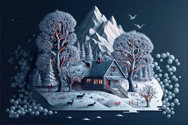 A house in the woods with a deer and a mountain in the background with snow on the ground highly detailed digital painting a storybook illustration naive art