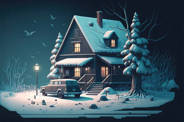 A house with a snowy roof and a car parked in front of it in the snow atey ghailan and mike mignola a storybook illustration american scene painting