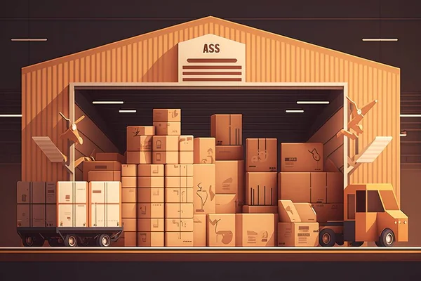A warehouse with a truck and boxes in it and a sign above the door that says ass editorial illustration art assemblage