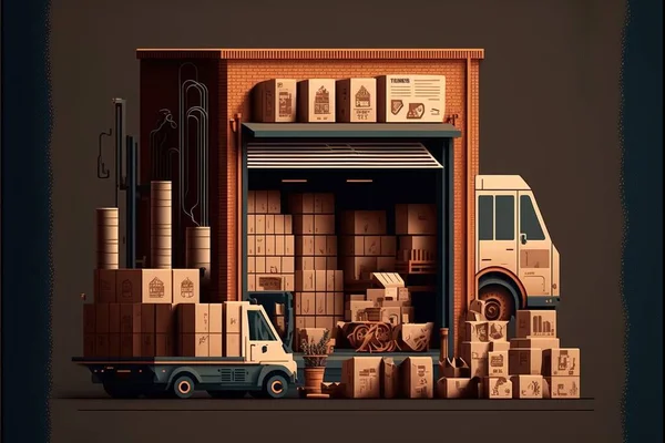 A truck is parked in front of a building with boxes and boxes on the ground detailed illustration a 3d render video art