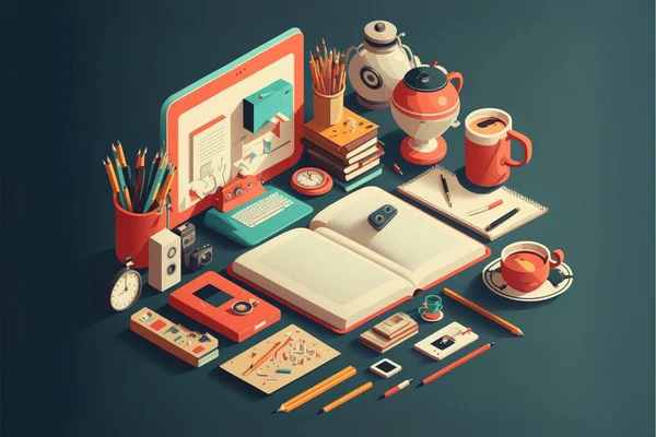 A computer books and other items are arranged on a table top with a cup of coffee colorful flat surreal design computer graphics computer art