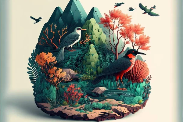 A bird is sitting on a rock in the middle of a forest with birds flying around highly detailed digital painting a storybook illustration naturalism