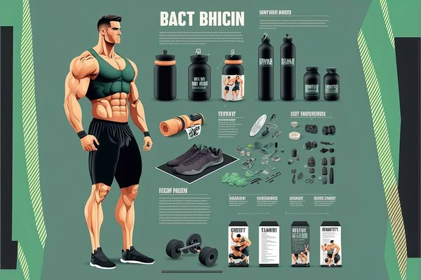 A man with a muscular body and a bottle of beer next to it surrounded by other items detailed illustration art neoplasticism