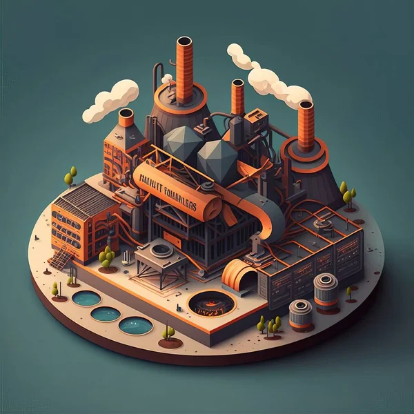A stylized illustration of a factory with smoke stacks and pipes on top of it and a isometric a 3d render assemblage